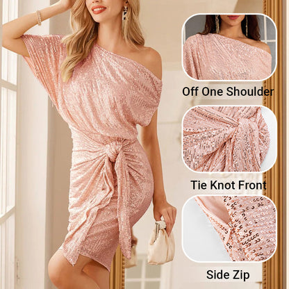 💜 Women's One Shoulder Sequin Sparkling Party Club Dress
